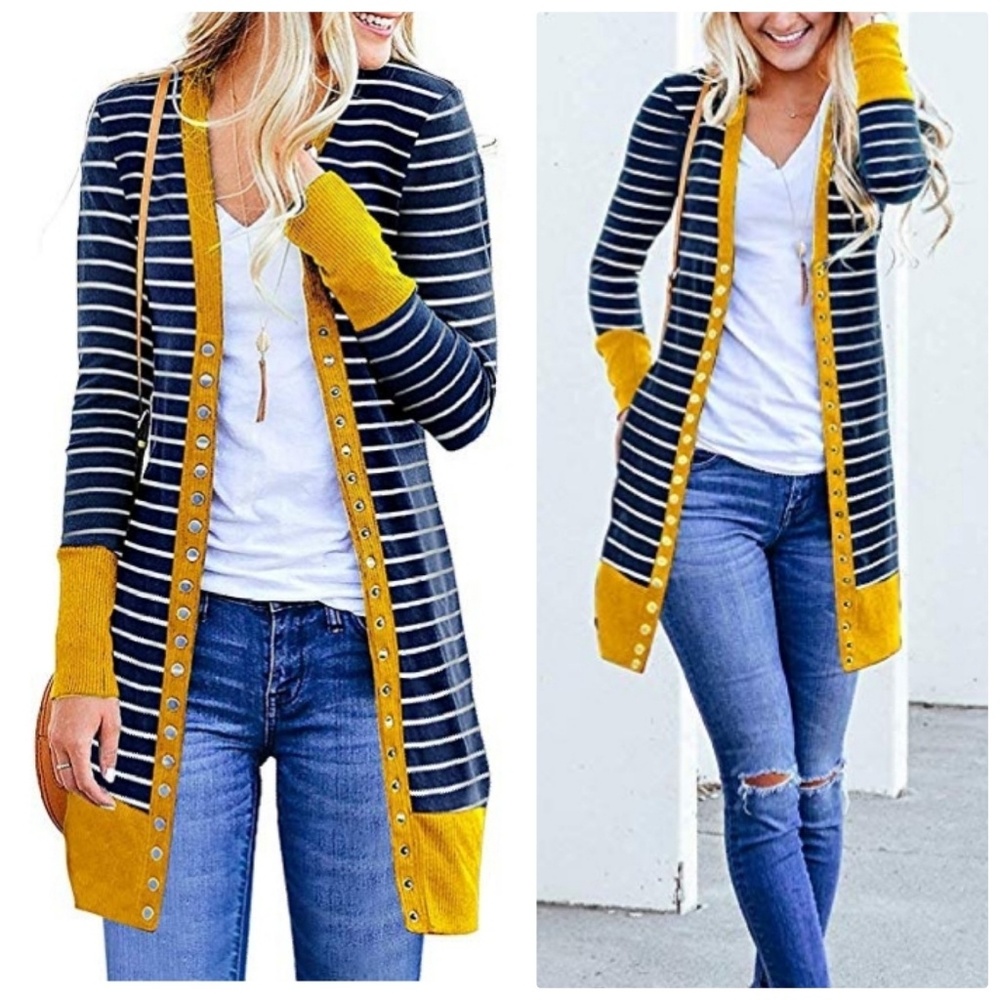 Mustard Yellow Color Block Striped Long Cardigan